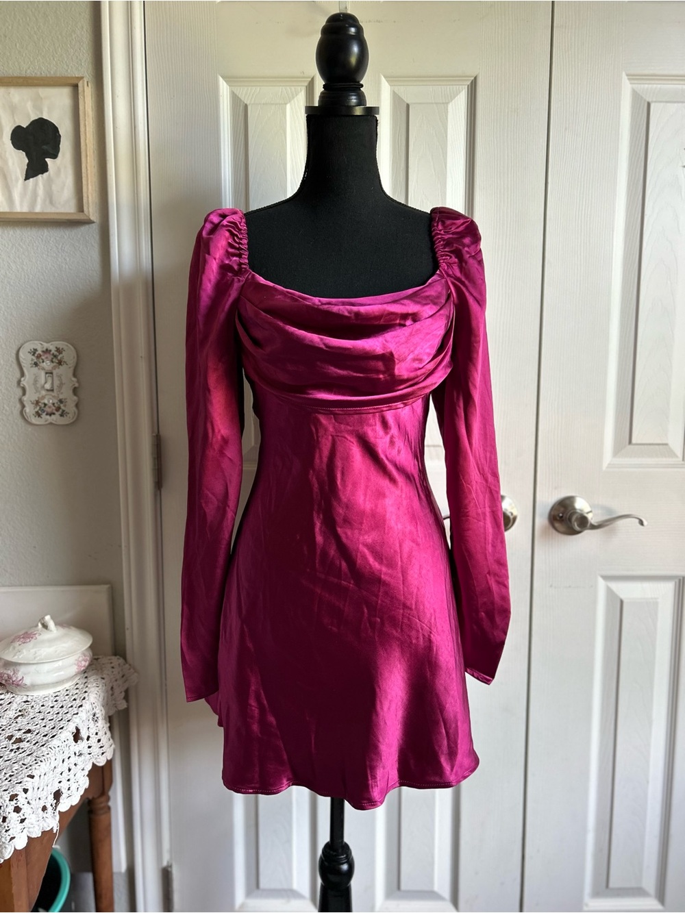 Mustard Seed Magenta Satin Long-Sleeve Mini Dress Bridgerton Regencycore
